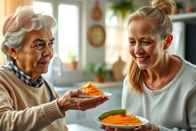 A woman presents a plate of food to an elderly woman in a warm kitchen setting. The image evokes themes of caregiving, family, and healthy eating with bright colors and a cozy atmosphere.