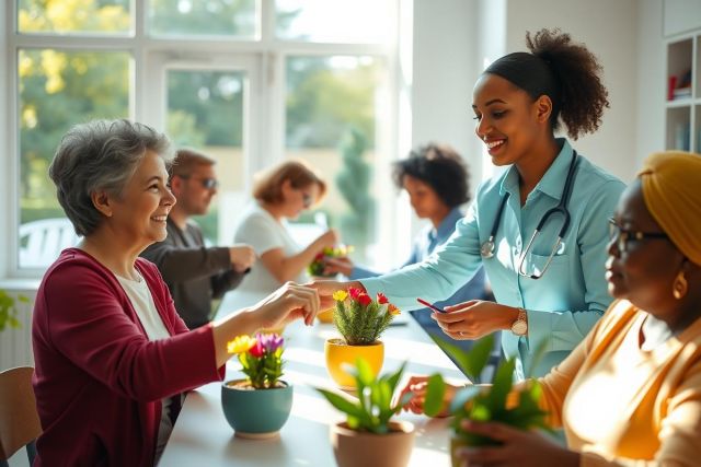 A healthcare worker hands flowers to a senior woman. Several other people are visible in the background. The scene appears to be in a bright, airy room with plants and natural light. A caring and supportive environment.