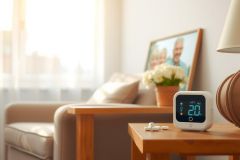 Cozy living room scene with a digital thermometer on a side table, next to medication. Soft lighting, warm colors create a peaceful atmosphere. Focus on wellness and home healthcare.