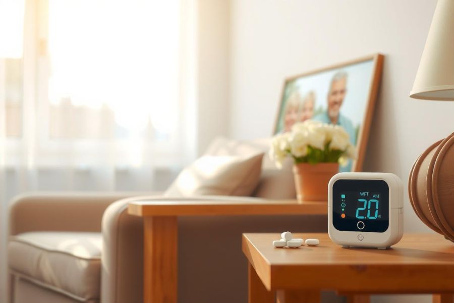 Cozy living room scene with a digital thermometer on a side table, next to medication. Soft lighting, warm colors create a peaceful atmosphere. Focus on wellness and home healthcare.