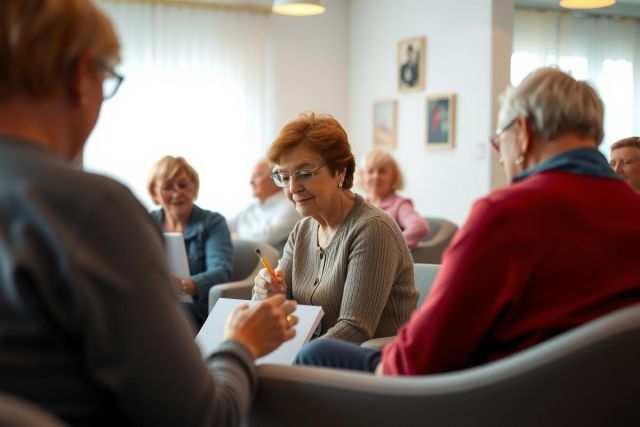 Group of people in a meeting, discussion, or workshop setting. Senior adults are seated, some taking notes, in a bright, modern room with grey furniture. Focus on engagement and conversation.