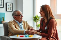 Doctor examining an elderly patient during a consultation. Healthcare professional showing empathy, caring for senior in a clinic setting. Warm lighting, friendly atmosphere.