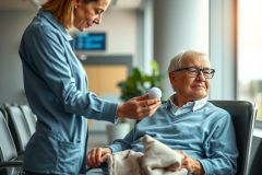 A healthcare worker assists an elderly man in a medical setting. The scene shows compassion and care, featuring a blue uniform, a warm color palette, and a focus on patient well-being.