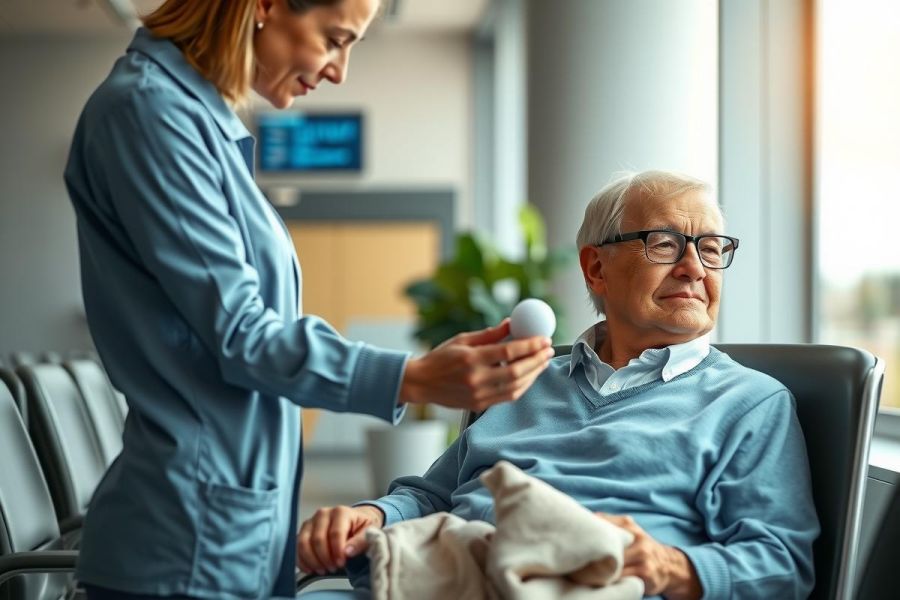 A healthcare worker assists an elderly man in a medical setting. The scene shows compassion and care, featuring a blue uniform, a warm color palette, and a focus on patient well-being.