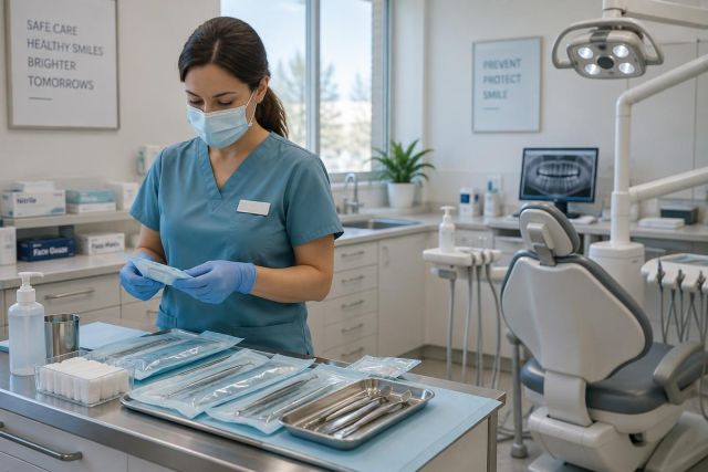 Dental clinician preparing sterilized instruments on tray in a calm dental operatory.