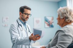 Doctor examining a patient in a bright, modern clinic. The physician, wearing a white coat and stethoscope, reviews an electrocardiogram (ECG) with an elderly woman. Blue walls and medical artwork create a healthcare setting focused on patient care and consultation.