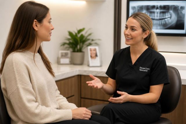 Dental specialist consulting a patient in a modern clinic, dental X-ray visible on screen.