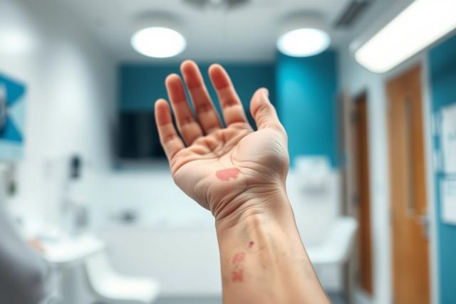 Close-up of a hand with a red heart drawn on the palm. The background is a blurred modern office space with blue walls and bright lighting. Symbol of love, support, or awareness, potentially related to healthcare or charity.