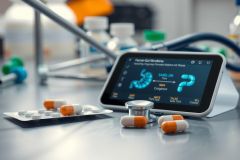 Close-up of pills, a stethoscope, and a tablet in a laboratory setting. Focus on medical research, pharmaceuticals, and healthcare environment with a clean, modern aesthetic.