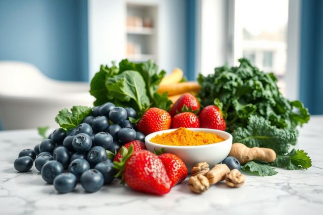 Healthy ingredients for smoothies and wellness. Fresh blueberries, strawberries, kale, turmeric, and ginger displayed on a marble surface. Vibrant colors and a bright, modern kitchen setting emphasize a nutritious, clean eating lifestyle. Focus on healthy food and ingredients.