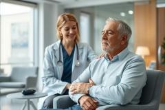 Senior man receiving care from a female doctor in a bright, modern clinic. The scene depicts medical consultation, with calming blue tones and a focus on patient wellbeing. Healthcare, doctor-patient relationship, and senior care are key themes.