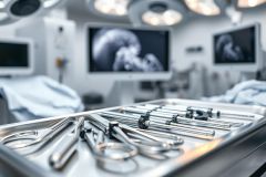 Surgical instruments on a stainless steel tray in a modern operating room. Bright overhead lights illuminate the scene, with medical monitors displaying X-ray images in the background. A sterile, clinical environment with a focus on surgical tools and medical technology.
