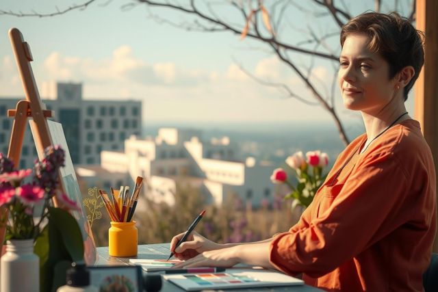 The image features a woman sitting at an outdoor desk, engaged in drawing or writing. She is wearing an orange shirt and is surrounded by various art supplies such as pens, pencils, and paintbrushes. 
