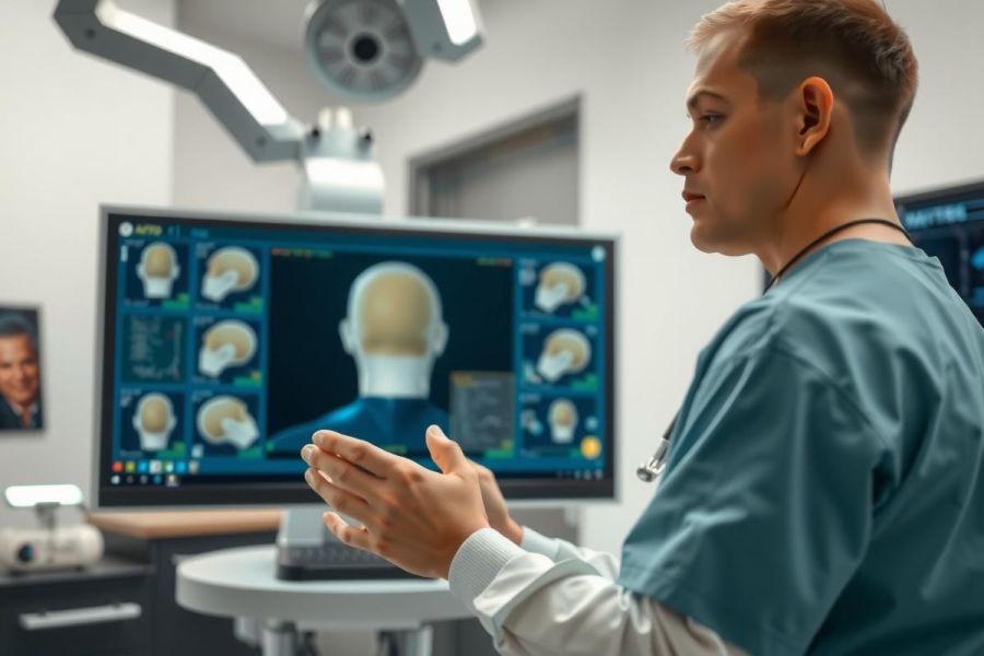 Doctor in scrubs examines a medical scan on a monitor in a modern hospital setting. Focus on diagnostics and healthcare technology. Blue and white color scheme.