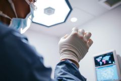 Surgeon's hands in sterile gloves preparing for surgery. Operating room environment with medical equipment and monitors visible. Focus on precision and healthcare setting.