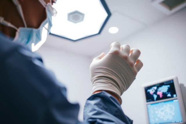 Surgeon's hands in sterile gloves preparing for surgery. Operating room environment with medical equipment and monitors visible. Focus on precision and healthcare setting.