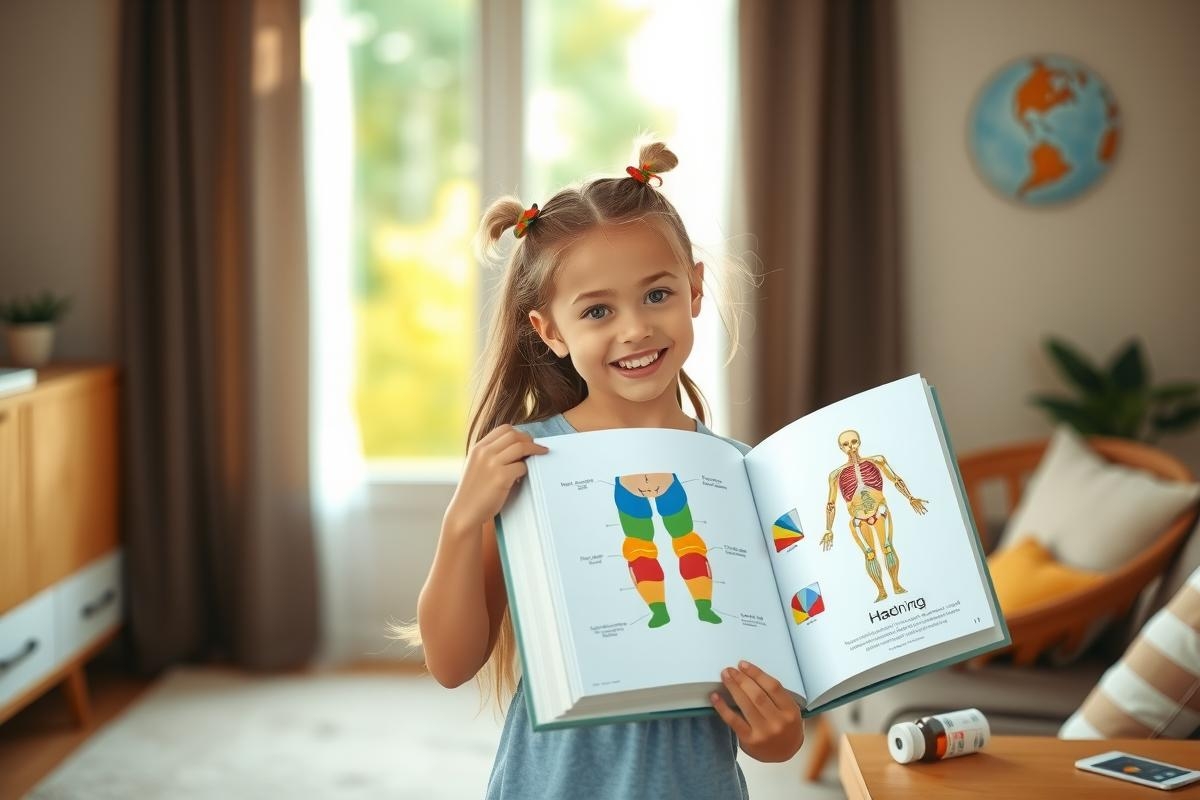 The image shows a young girl smiling while holding an open book. The book's pages display bright colors and illustrations of various body parts, suggesting it might be an educational resource or a children's book about the human body.