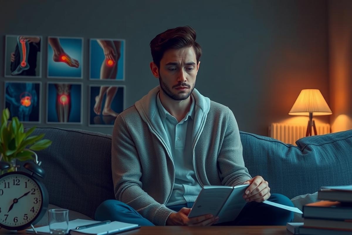 In the image, a young man is sitting on a couch, lost in thought. He's dressed casually and appears to be holding a book or reading material. The setting looks like a cozy living room with warm lighting from lamps. The environment suggests a moment of quiet contemplation.