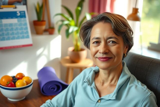 The image shows a woman seated comfortably in an indoor setting, likely a home office. She appears to be engaged in some form of work or communication as she looks slightly away from the camera with a slight smile on her face.