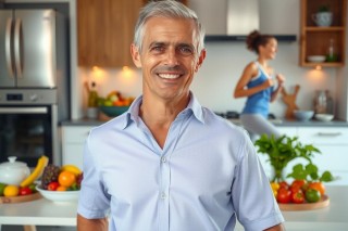 The image features a man standing in a well-lit, modern kitchen. He has short hair and is smiling at the camera. The kitchen includes stainless steel appliances like an oven and a refrigerator. Various fruits such as oranges are visible on the countertops, indicating a healthy lifestyle or food preparation taking place in the scene.