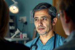 The image shows an actor portraying a doctor in what appears to be a hospital setting. The scene suggests a medical consultation, with the doctor attentively looking at another person who is seated across from him.