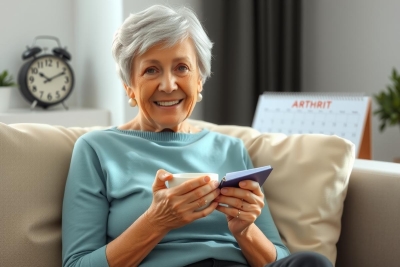 This image shows an elderly woman sitting comfortably on a sofa, smiling at the viewer. She appears to be holding and interacting with a mobile device, likely a smartphone or tablet.