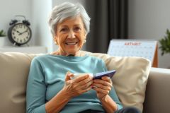 This image shows an elderly woman sitting comfortably on a sofa, smiling at the viewer. She appears to be holding and interacting with a mobile device, likely a smartphone or tablet.