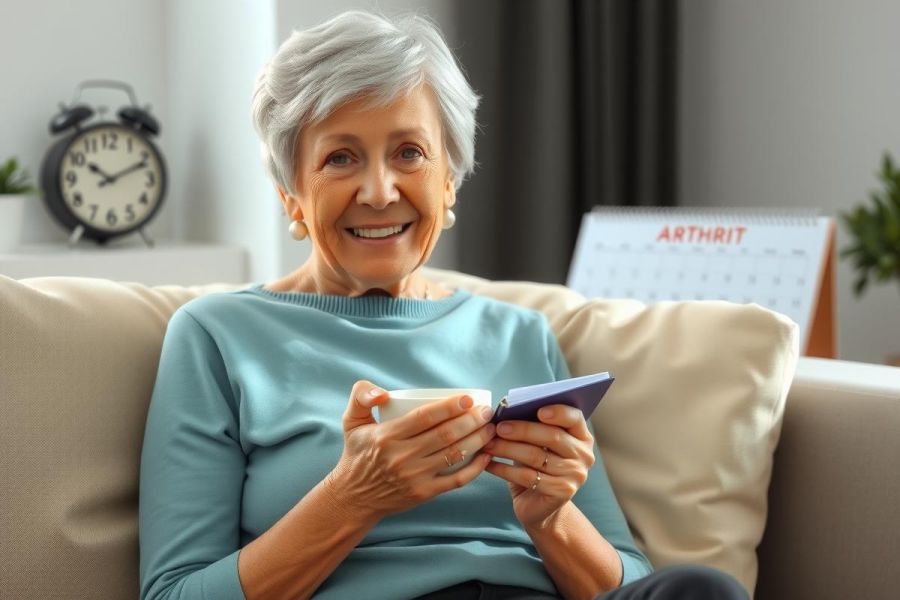 This image shows an elderly woman sitting comfortably on a sofa, smiling at the viewer. She appears to be holding and interacting with a mobile device, likely a smartphone or tablet.