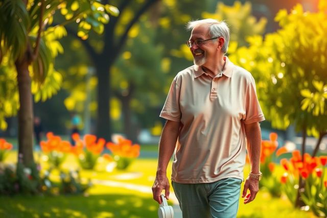 The image shows an older man walking on a paved path in what appears to be a park or garden. He is wearing a t-shirt and glasses, suggesting he might be out for leisure.