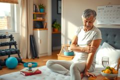 The image depicts a person sitting in bed, focusing on their shoulder. The person appears to be massaging or examining the affected area with one hand. The setting evokes a home setting, with various household items such as books, glasses, and fruit.