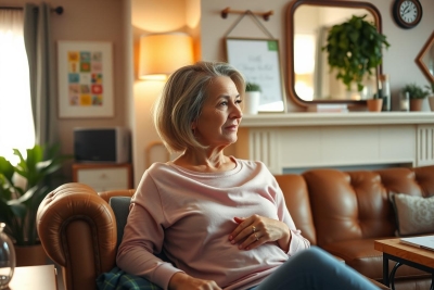 A woman is seated on a leather sofa in a modern living room. She's wearing a pink top and appears to be engaged in a conversation or watching something attentively.