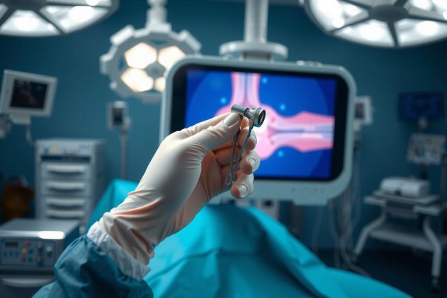 Surgical procedure in progress. Close-up of a gloved hand holding a surgical instrument, illuminated by operating room lights. Medical equipment and a monitor are visible in the background, creating a sterile environment.
