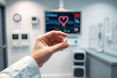 Healthcare concept: hand holding a pill in a hospital setting. Medical equipment, heart monitor with a heart symbol, and a sterile, blue environment highlight health and wellness themes.