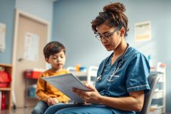 A female doctor in blue scrubs and glasses reviews a patient's documents in a medical clinic. A young boy sits nearby in a waiting room setting. The scene features a blue and white color palette, emphasizing a healthcare environment.