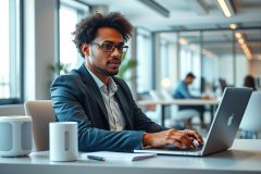 Young Black professional working on a laptop in a modern office. He wears glasses and a suit, focused on his computer in a bright, contemporary workspace. The image conveys themes of business, technology, and productivity with a clean, neutral color palette and a professional atmosphere.