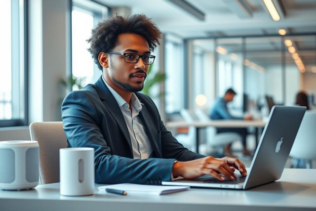 Young Black professional working on a laptop in a modern office. He wears glasses and a suit, focused on his computer in a bright, contemporary workspace. The image conveys themes of business, technology, and productivity with a clean, neutral color palette and a professional atmosphere.