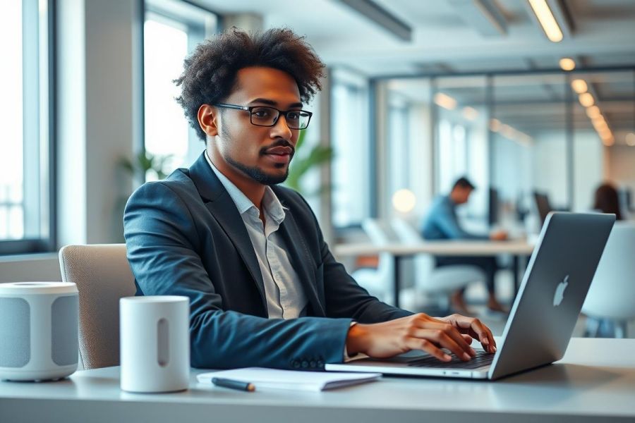 Young Black professional working on a laptop in a modern office. He wears glasses and a suit, focused on his computer in a bright, contemporary workspace. The image conveys themes of business, technology, and productivity with a clean, neutral color palette and a professional atmosphere.
