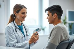 Doctor examining patient in a bright, modern clinic. A female physician uses a digital thermometer while consulting with a young man. Healthcare, medical checkup, and wellness theme. White coat, stethoscope, and a clean, professional environment.