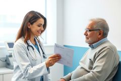 Doctor consults with elderly patient in a bright, modern medical office. A female healthcare professional reviews paperwork with a senior man, showcasing healthcare and patient care. Blue and white tones dominate the scene.