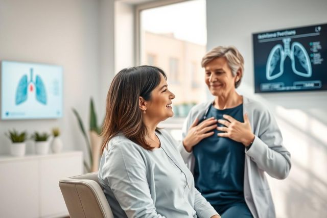 Doctor consults with a patient in a bright, modern medical clinic. X-ray image of lungs displayed on a screen. Focus on healthcare, patient care, and diagnostic imaging. Warm, inviting atmosphere with natural light and greenery.