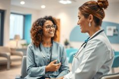 Doctor and patient consultation in a modern clinic. Two smiling individuals, one wearing a stethoscope, engage in a friendly discussion. Blue and neutral tones create a calming healthcare environment. Focus on professional medical care and patient interaction.
