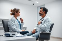 Doctor examining patient in a modern clinic. Healthcare professional using stethoscope during consultation. White walls, professional setting, medical examination, patient care, health checkup.