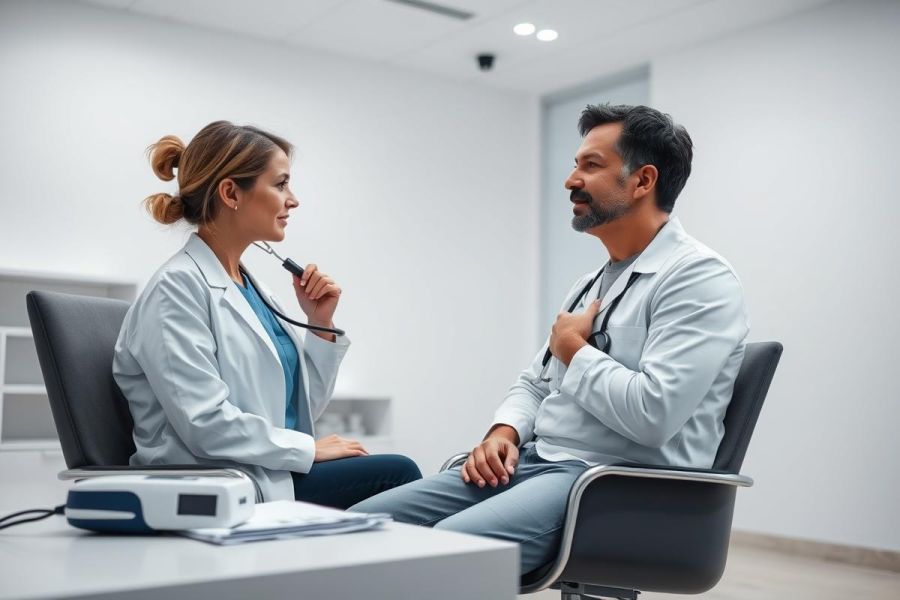 Doctor examining patient in a modern clinic. Healthcare professional using stethoscope during consultation. White walls, professional setting, medical examination, patient care, health checkup.