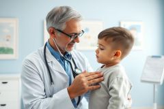 Doctor examining a young boy during a pediatric checkup. The image shows a friendly male doctor with a stethoscope in a bright, blue-toned clinic setting. Focus on healthcare, child wellness, and medical examination.