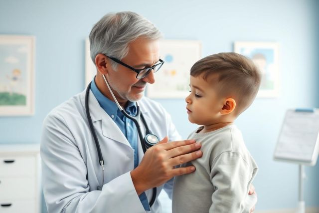 Doctor examining a young boy during a pediatric checkup. The image shows a friendly male doctor with a stethoscope in a bright, blue-toned clinic setting. Focus on healthcare, child wellness, and medical examination.