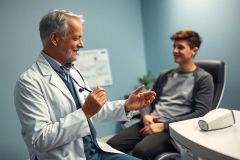 Doctor consults with a patient in a modern medical office. The scene features a male doctor in a white coat, stethoscope visible, discussing with a young adult patient. Blue and white color scheme, professional healthcare setting, medical consultation, patient care.
