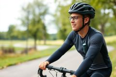 Cyclist wearing a helmet and glasses rides along a scenic park path. Green trees and a winding road create a peaceful outdoor setting. Focus on fitness, healthy lifestyle and outdoor recreation.