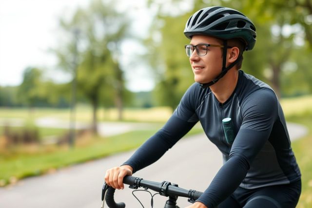 Cyclist wearing a helmet and glasses rides along a scenic park path. Green trees and a winding road create a peaceful outdoor setting. Focus on fitness, healthy lifestyle and outdoor recreation.