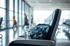Airport seating area with a water bottle and travel bag. Blurred background shows people walking, suggesting a busy travel terminal. Cool blue and gray tones evoke a sense of transit and waiting. Focus on luggage and travel essentials.