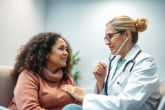 Doctor consults with a patient in a modern clinic. A female doctor wearing a white coat and stethoscope speaks with a smiling woman. Healthcare, medical consultation, and patient care are key themes. Warm colors and a bright, clean environment.